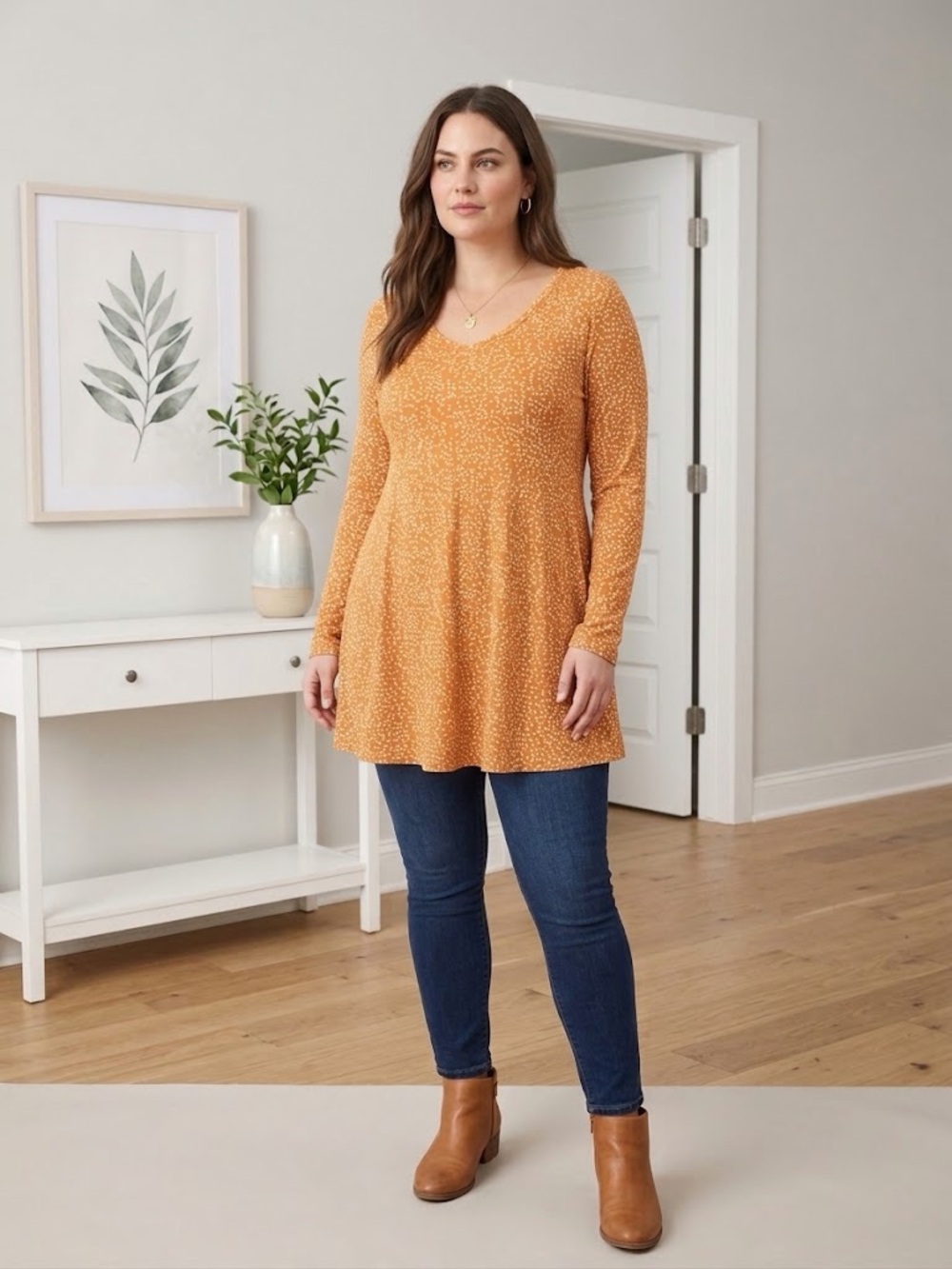 Women’s Long Sleeve V-Neck Tunic Top -Orange Dot